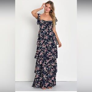 Charming Passion Navy Blue Floral Off-the-Shoulder Maxi Dress